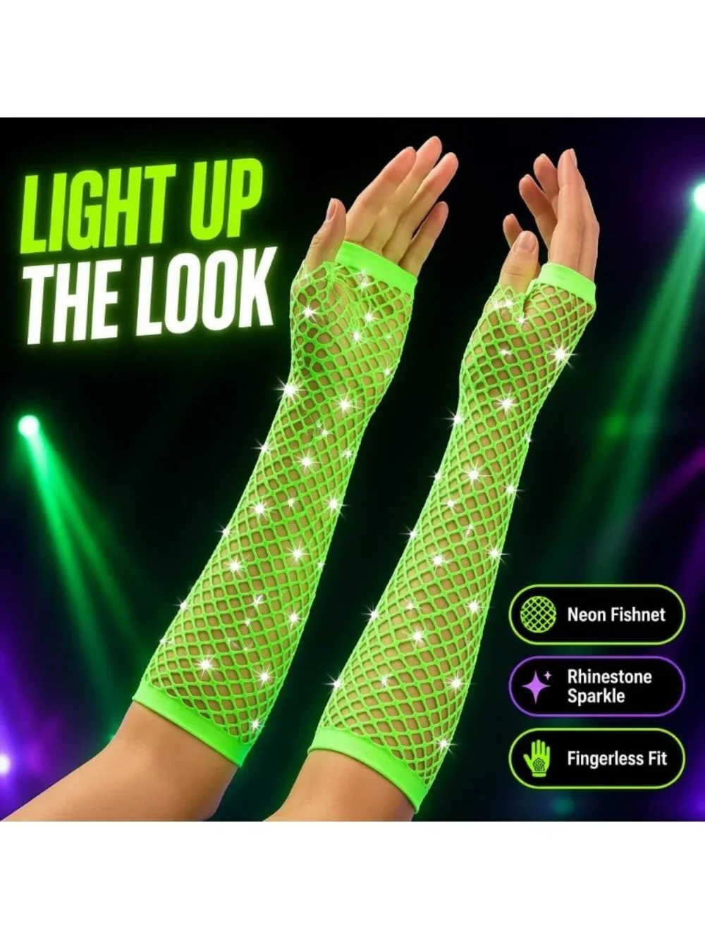 Women's Green Long Fishnet Fingerless Gloves Nylon Rhinestone 80s Party Cosplay